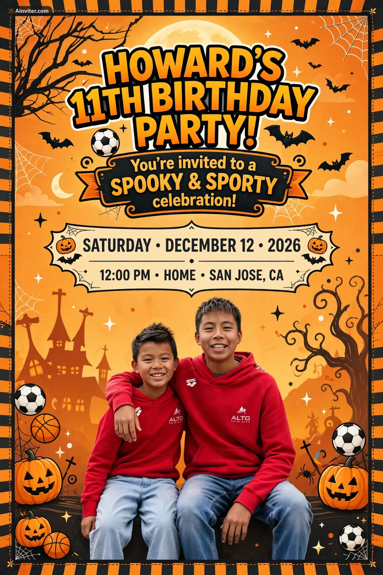 AI-designed spooky and sporty 11th birthday invitation featuring a photo of two brothers