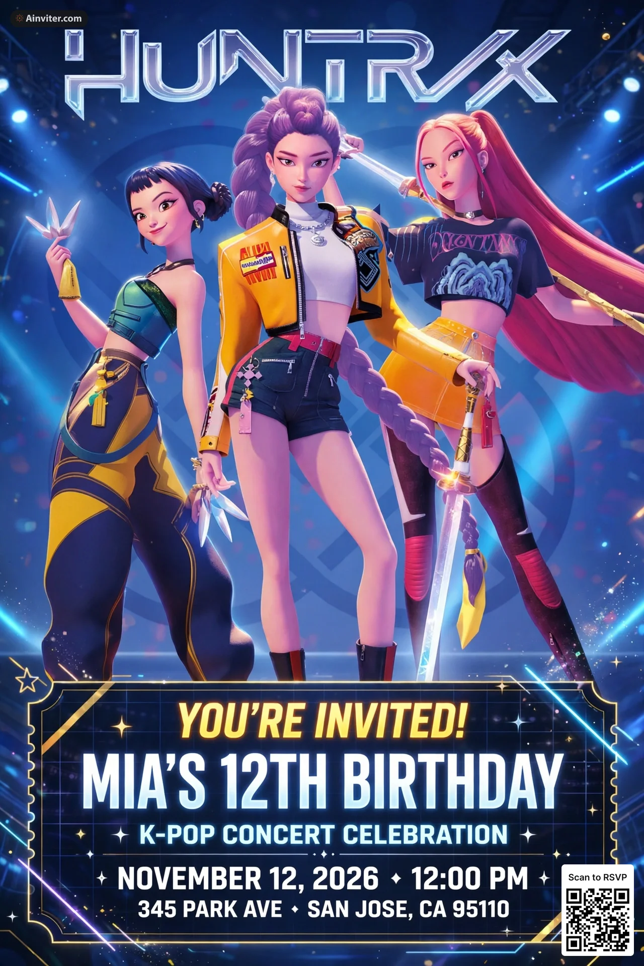 AI-designed K-pop concert 12th birthday invitation with three animated pop idols on a neon stage