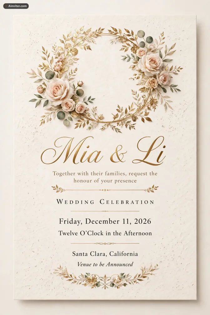 AI-designed wedding invitation for Mia & Li with a blush rose and gold leaf wreath